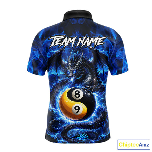 Blue 8 Ball & 9 Ball Fire Yin And Yang Dragon Billiard Shirt For Men Custom Pool Team Jersey TDM5841