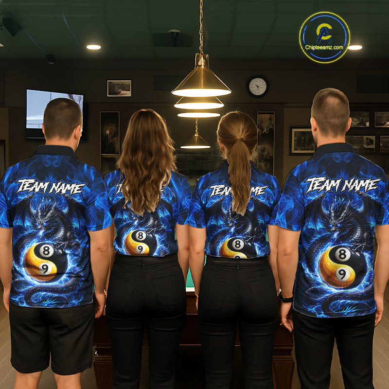 Blue 8 Ball & 9 Ball Fire Yin And Yang Dragon Billiard Shirt For Women Custom Pool Team Jersey TDM5841