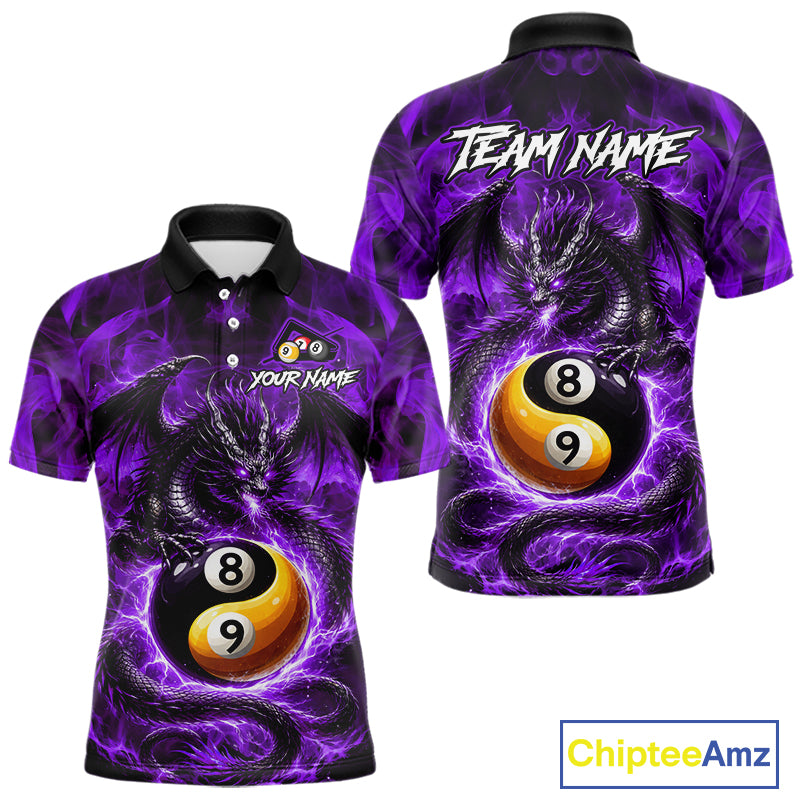 Purple 8 Ball & 9 Ball Fire Yin And Yang Dragon Billiard Shirt For Men Custom Pool Team Jersey TDM5843