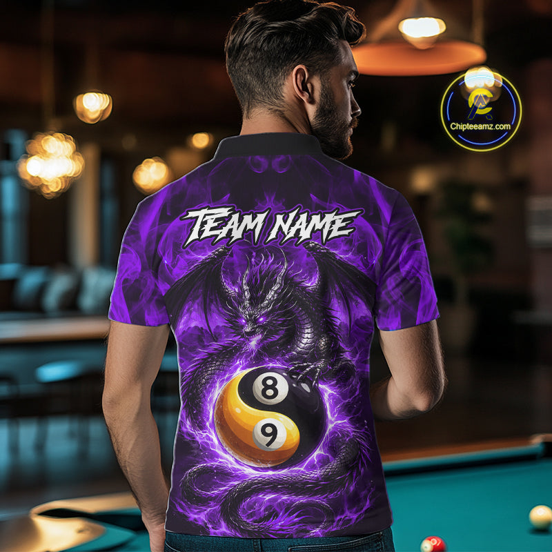 Purple 8 Ball & 9 Ball Fire Yin And Yang Dragon Billiard Shirt For Men Custom Pool Team Jersey TDM5843