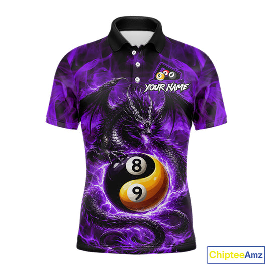 Purple 8 Ball & 9 Ball Fire Yin And Yang Dragon Billiard Shirt For Men Custom Pool Team Jersey TDM5843