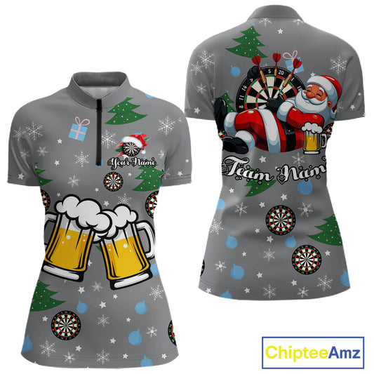 Funny Santa And Beer Christmas Darts Polo & 1/4 Zip For Women Custom Xmas Darts Shirt, Darts Gift TDM4911