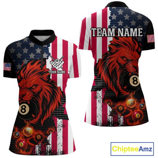 Personalized Lion American Flag Billiard Shirt For Women, 8 Ball Pool Team Jersey Polo & 1/4 Zip TDM5342