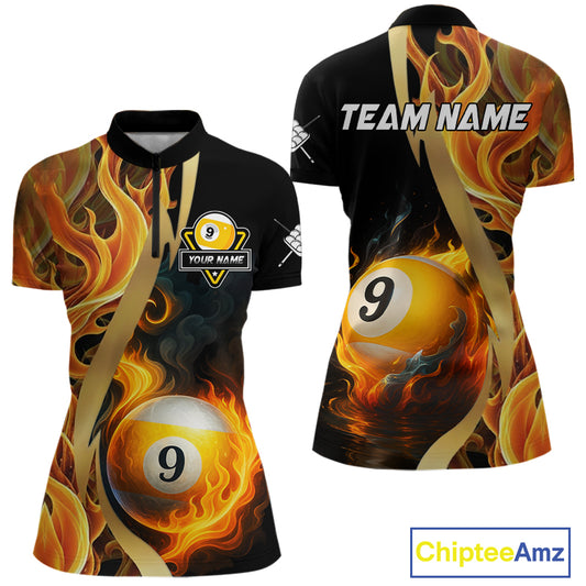 Personalized Fire Flame 9 Ball Pool Golden Billiard Shirt For Women, Billiard Jersey Polo & 1/4 Zip TDM5348