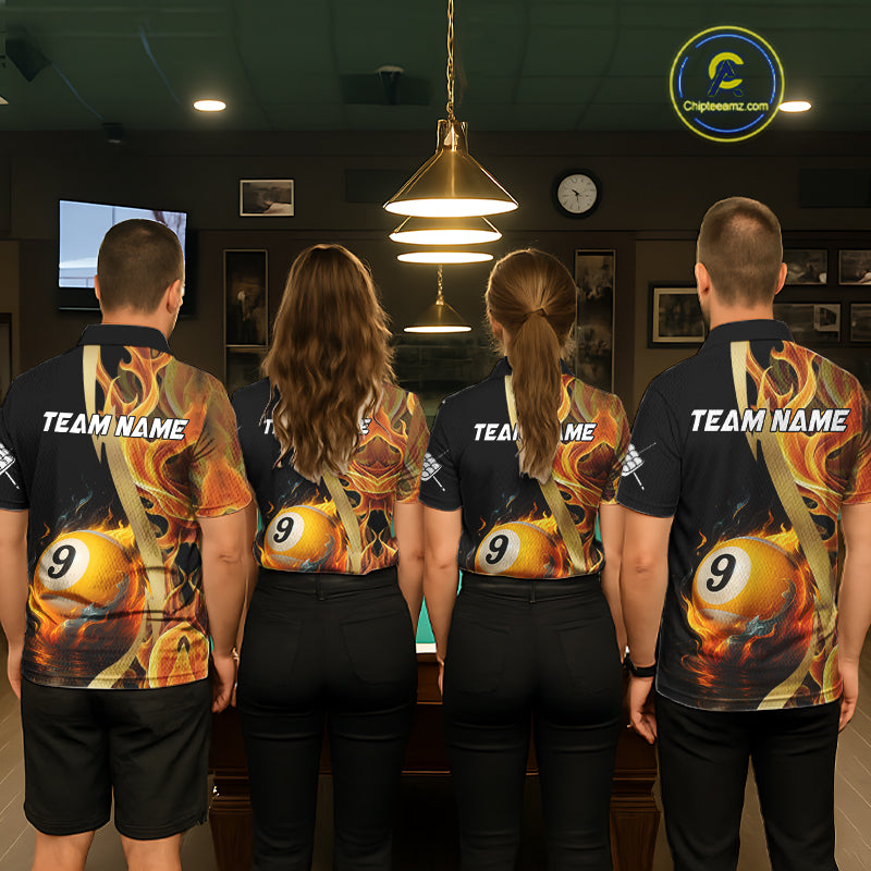 Personalized Fire Flame 9 Ball Pool Golden Billiard Shirt For Women, Billiard Jersey Polo & 1/4 Zip TDM5348
