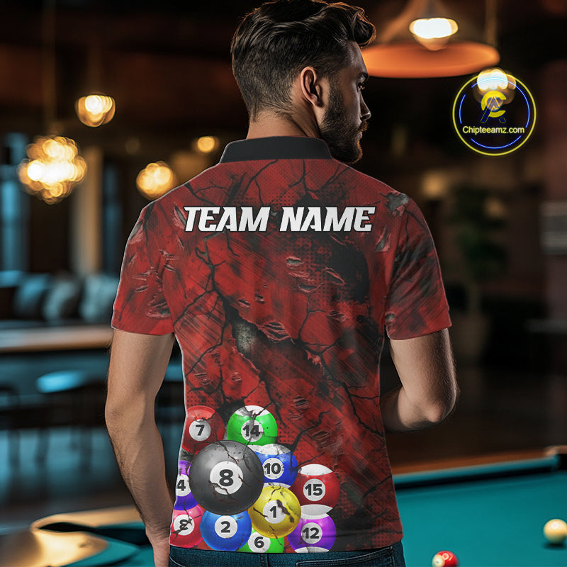 Personalized Red Grunge Cracked 8 Ball Billiard Shirts For Men Custom Team League Billiard Jerseys NYN2982