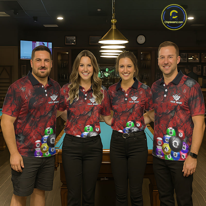 Personalized Red Grunge Cracked 8 Ball Billiard Shirts For Men Custom Team League Billiard Jerseys NYN2982