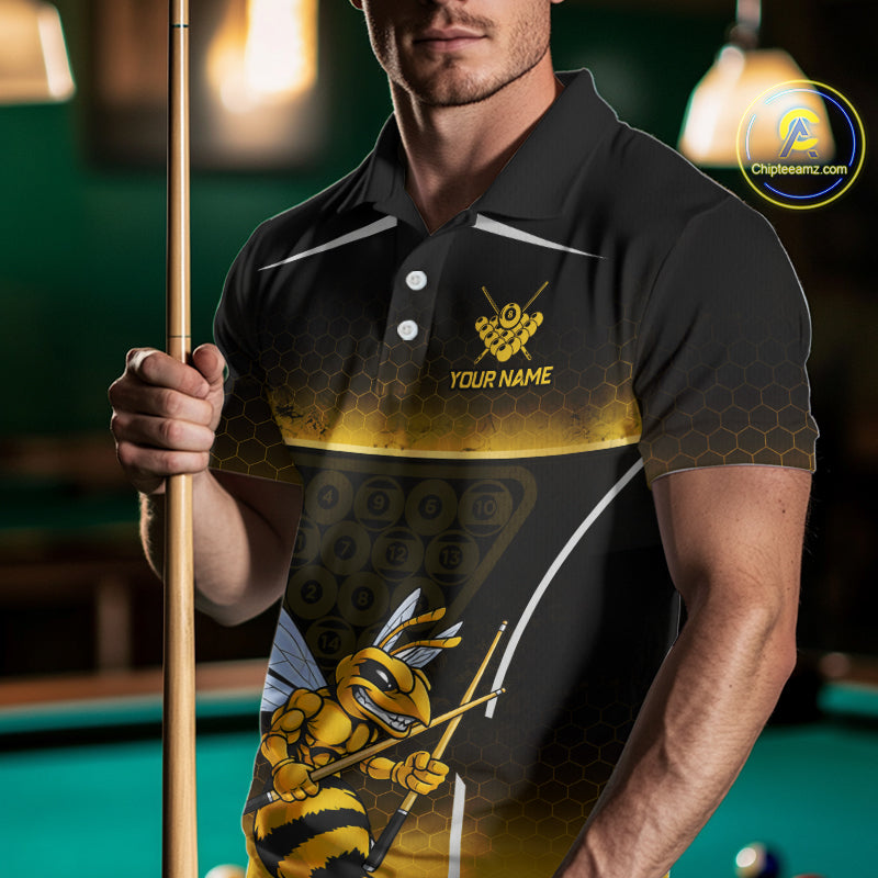 Yellow Hexagon Funny Bee 8 Ball Pool Billiard Jerseys For Men Custom Grunge Billiard Team Appeal NYN2989