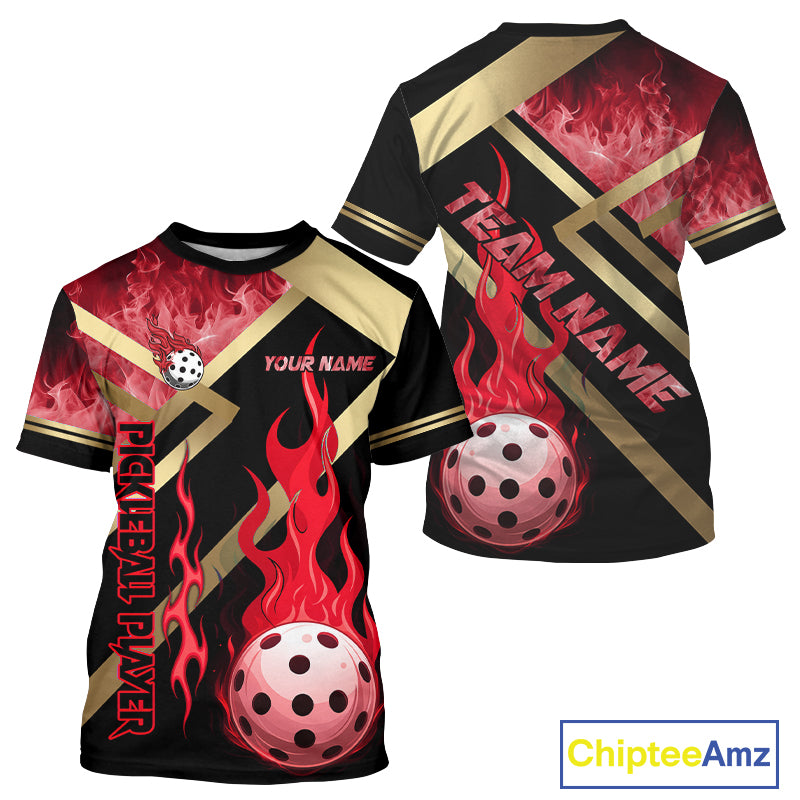 Red Flames Pickleball Ball T-Shirt For Men Custom Pickleball Jersey Personalized Team Apparel