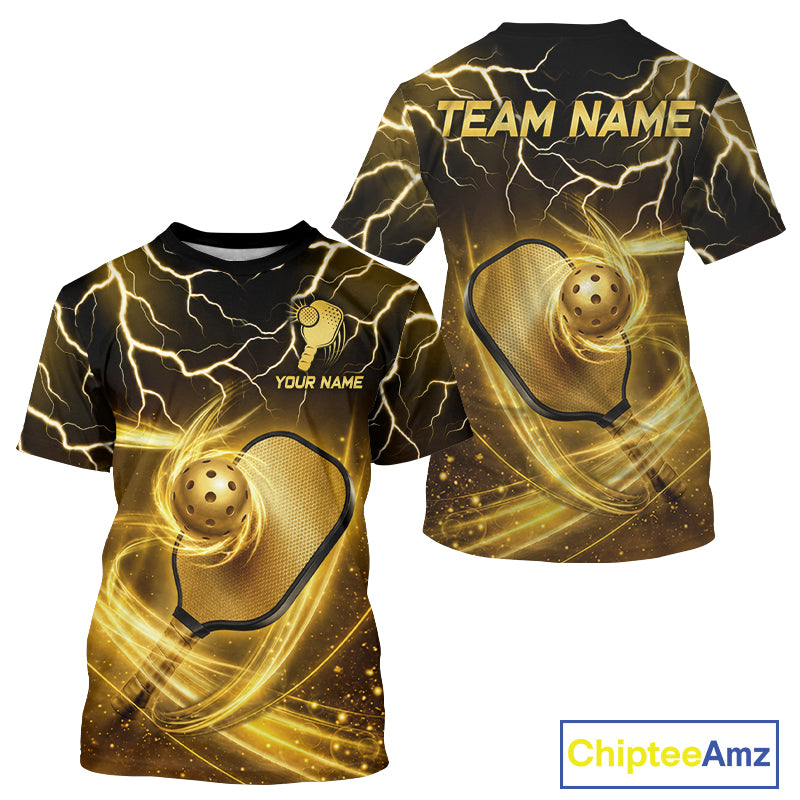 Gold Lightning Pickleball Ball And Paddle Shirt For Men Custom Team Outfit