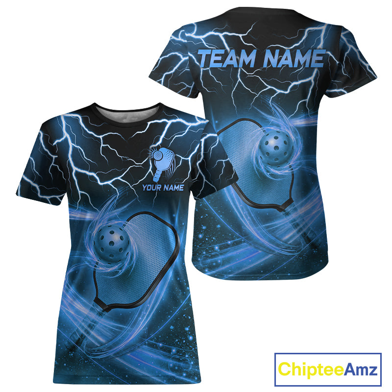 Blue Lightning Pickleball Ball And Paddle Shirt For Women Custom Team Outfit