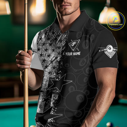 Male billiard player wearing American flag grunge billiard jersey during professional tournament, premium sports apparel for veterans, patriotic Americans and competitive athletes, symbolizing confidence, courage and leadership.