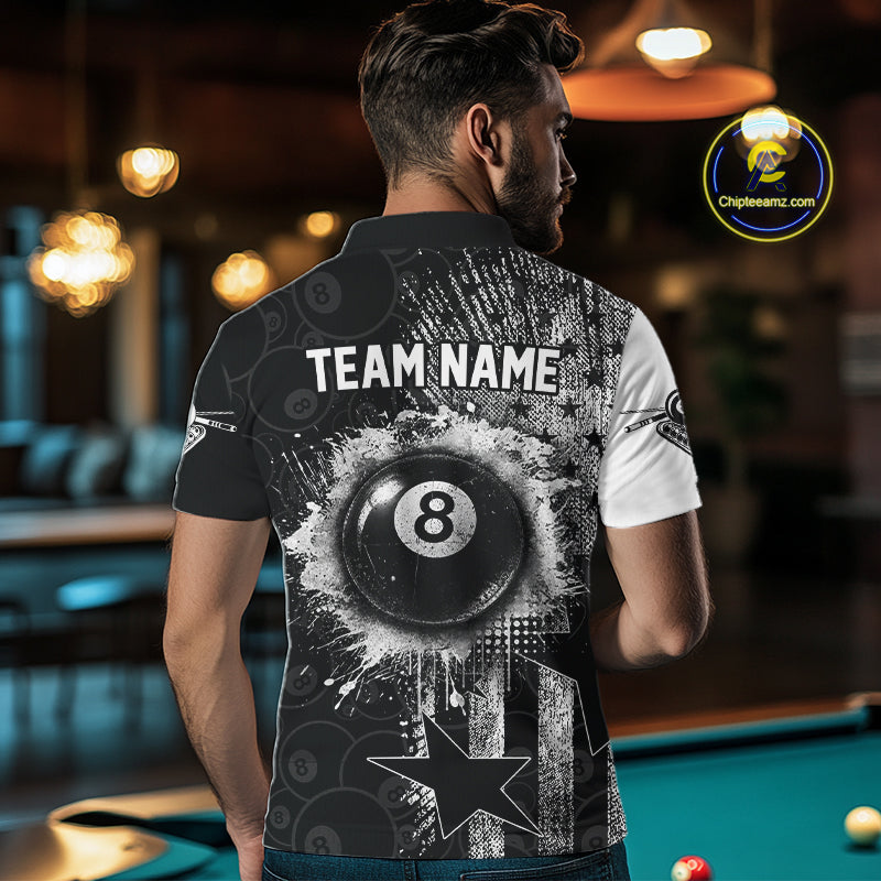 Male billiard player wearing American flag grunge billiard jersey during professional tournament, premium sports apparel for veterans, patriotic Americans and competitive athletes, symbolizing confidence, courage and leadership.