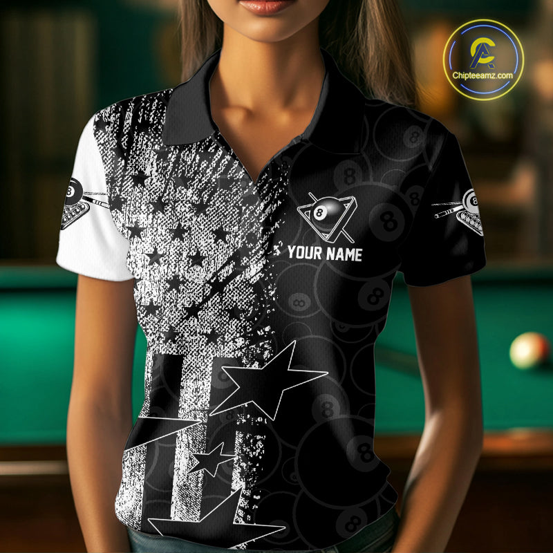 Female billiard player wearing American flag grunge billiard jersey during league championship, premium patriotic sportswear for competitive athletes, veterans and national pride enthusiasts, symbolizing confidence, strength and leadership.