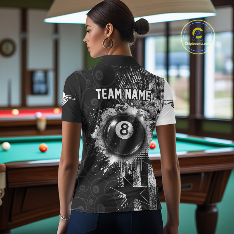 Female billiard player wearing American flag grunge billiard jersey during league championship, premium patriotic sportswear for competitive athletes, veterans and national pride enthusiasts, symbolizing confidence, strength and leadership.