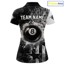 Load image into Gallery viewer, Women's patriotic billiard polo featuring distressed American flag and glowing 8 ball graphics, personalized performance apparel for veterans, military families, APA leagues and patriotic pool players, symbolizing freedom, honor and leadership.