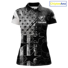 Load image into Gallery viewer, Women's patriotic billiard polo featuring distressed American flag and glowing 8 ball graphics, personalized performance apparel for veterans, military families, APA leagues and patriotic pool players, symbolizing freedom, honor and leadership.