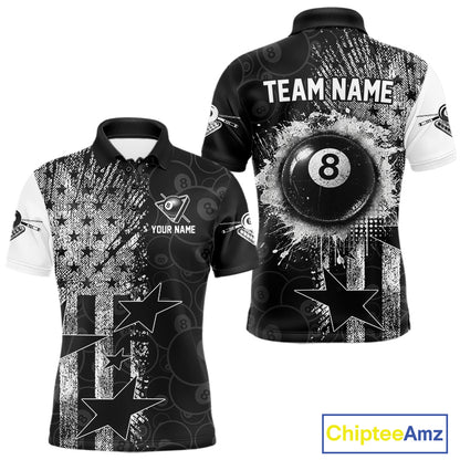 Men's patriotic billiard polo featuring distressed American flag and glowing 8 ball graphics, personalized performance apparel for veterans, military supporters, APA leagues and patriotic pool players, symbolizing freedom, honor and strength.