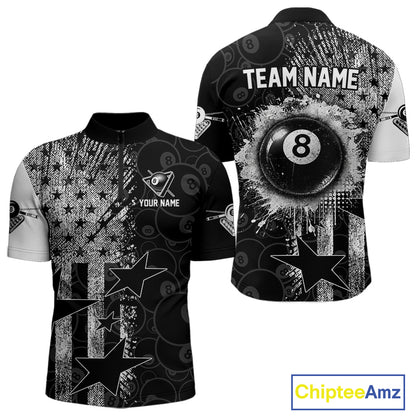 Men's quarter-zip billiard jersey featuring grunge American flag with realistic 8 ball artwork, premium tournament apparel for league championships, Independence Day competitions and patriotic teams, representing leadership, unity and American pride