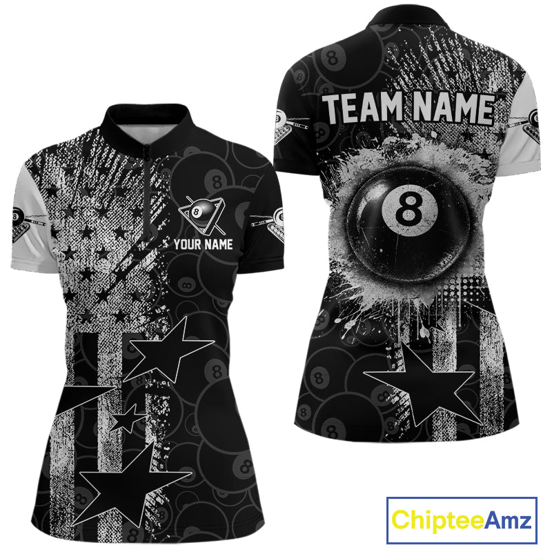 Women's quarter-zip billiard jersey featuring grunge American flag and realistic 8 ball artwork, premium tournament apparel for Independence Day competitions, league championships and patriotic sports teams, representing unity, courage and American pride.