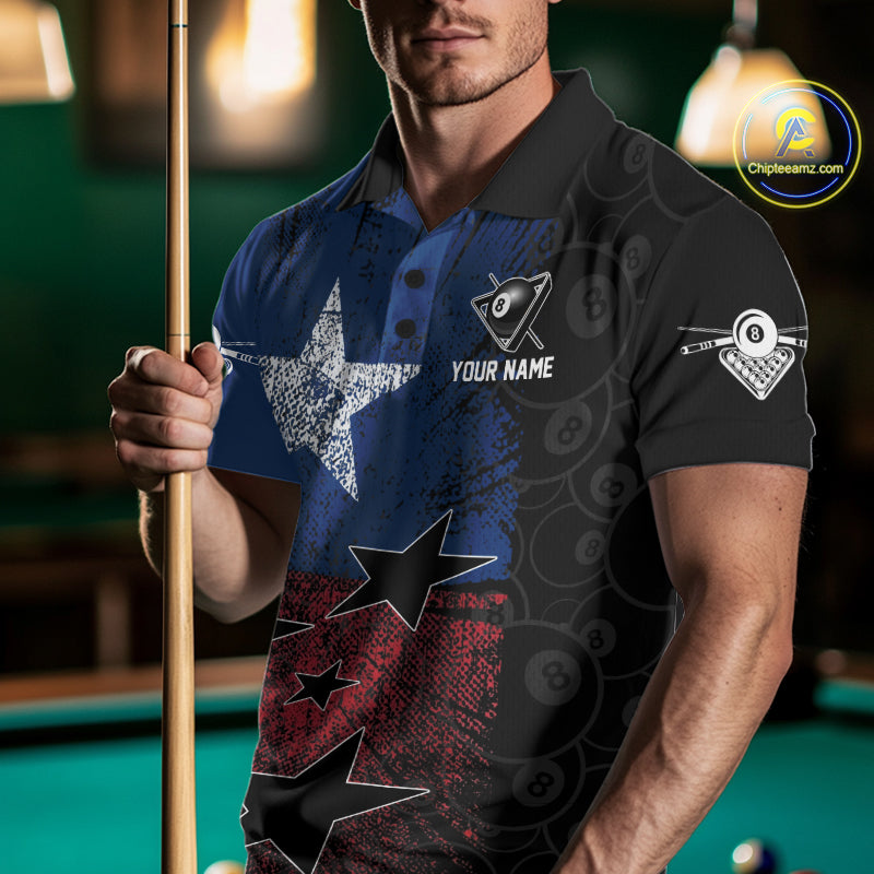 Male billiard player wearing Texas grunge billiard jersey during championship event, premium sports apparel for Texas residents, western lifestyle enthusiasts and competitive athletes, symbolizing confidence, determination and victory.