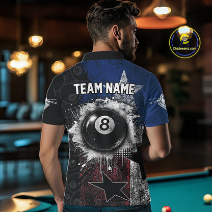 Male billiard player wearing Texas grunge billiard jersey during championship event, premium sports apparel for Texas residents, western lifestyle enthusiasts and competitive athletes, symbolizing confidence, determination and victory.