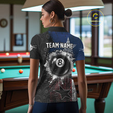 Load image into Gallery viewer, Female billiard player wearing Texas flag grunge billiard jersey during championship tournament, premium sports apparel for Texas residents, western lifestyle enthusiasts and professional competitors, symbolizing confidence, independence and victory.