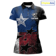 Load image into Gallery viewer, Women's billiard polo featuring distressed Texas flag and realistic 8 ball graphics, personalized performance pool apparel for Texas billiard teams, rodeo lifestyle, outdoor enthusiasts and APA leagues, symbolizing independence, courage and heritage.