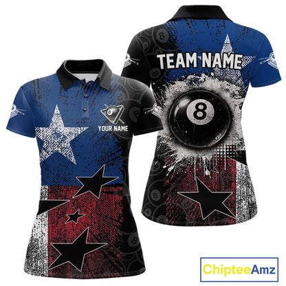 Women's billiard polo featuring distressed Texas flag and realistic 8 ball graphics, personalized performance pool apparel for Texas billiard teams, rodeo lifestyle, outdoor enthusiasts and APA leagues, symbolizing independence, courage and heritage.