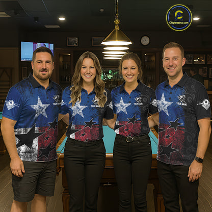 Men women billiard team wearing matching Texas grunge jerseys during APA league championships, custom uniforms representing Texas pride, teamwork, resilience, competitive excellence and championship spirit.
