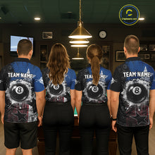Load image into Gallery viewer, Men women billiard team wearing matching Texas grunge jerseys during APA league championships, custom uniforms representing Texas pride, teamwork, resilience, competitive excellence and championship spirit.