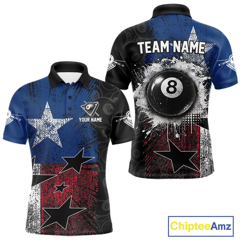 Men's billiard polo featuring distressed Texas flag and realistic 8 ball graphics, personalized performance apparel for Texas pool teams, rodeo enthusiasts, outdoor lifestyle and APA leagues, symbolizing independence, pride and resilience.