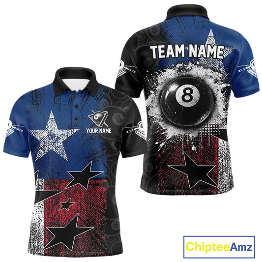Men's billiard polo featuring distressed Texas flag and realistic 8 ball graphics, personalized performance apparel for Texas pool teams, rodeo enthusiasts, outdoor lifestyle and APA leagues, symbolizing independence, pride and resilience.