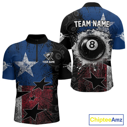 Men's quarter-zip billiard jersey featuring Texas flag grunge artwork with glowing 8 ball graphics, premium tournament apparel for Texas championships, billiard clubs and league teams, representing heritage, courage and competitive excellence.