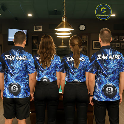 Fire Flame Blue 8 Ball Billiard Dragon Shirts For Women Custom Dragon Team Billiard Jerseys NYN3950