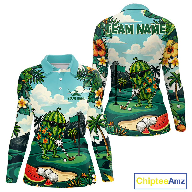 Funny Watermelon Golfer Womens Monstera Tropical Polo Shirts Custom Golf Team Outfits Golf Gifts NYN3961