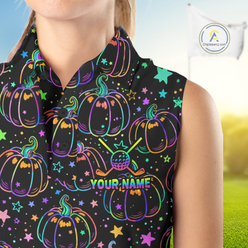 Rainbow Holographic Pumpkin Golf Sleeveless Polo Shirt Custom Halloween Golf Team Attire For Womens NYN3962