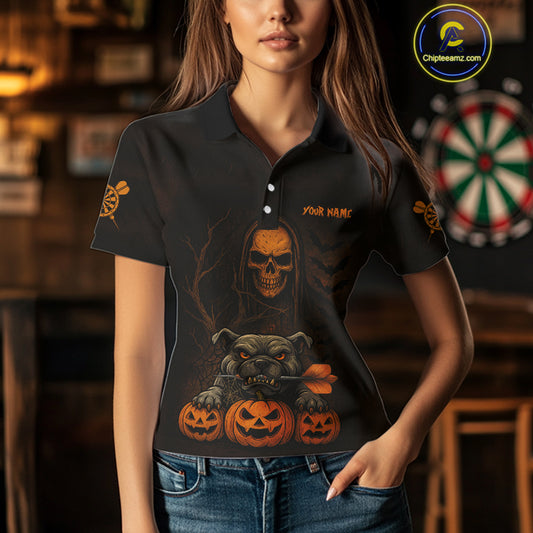 Custom Skeleton Bulldog Dartboard Halloween Orange Dart Women Polo Shirt Dart Jerseys NYN1557