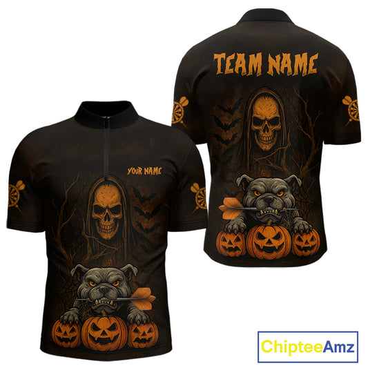 Custom Skeleton Bulldog Dartboard Halloween Orange Dart Men 1/4-Zip Shirt Dart Jerseys NYN1557