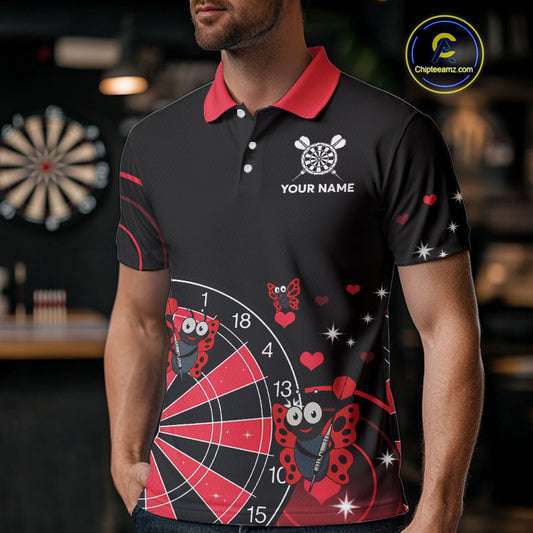 Custom Black And Red Butterflies Funny Dart Men Polo Shirt Dart Team Jerseys NYN1561