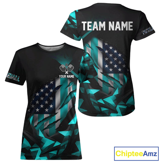 Custom Black & Turquoise Patriotic Pickleball Women T-Shirt US Flag Pickleball Jerseys NYN1569