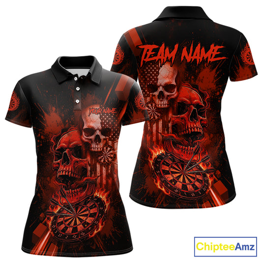 Custom Red Smokes Grunge Skull Women Darts Polo Shirt US Flag Skull Dart League Jerseys NYN2123