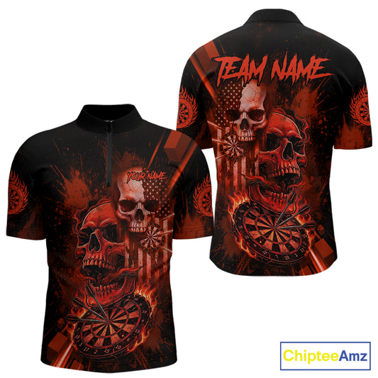Custom Red Smokes Grunge Skull Men Darts Quarter- Zip Shirt US Flag Skull Dart League Jerseys NYN2123
