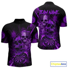 Load image into Gallery viewer, Custom Purple Smokes Grunge Skull Men Darts Quarter- Zip Shirt US Flag Skull Dart League Jerseys NYN2124