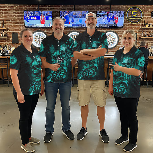 Custom Turquoise Smokes Grunge Skull Men Darts Quarter- Zip Shirt US Flag Skull Dart League Jerseys NYN2125