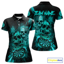 Load image into Gallery viewer, Custom Turquoise Smokes Grunge Skull Women Darts Polo Shirt US Flag Skull Dart League Jerseys NYN2125
