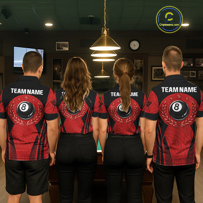 Red Tribal Ball Pool Men Billiard Polo & 1/4-Zip Attire Custom 8 Ball Billiard Team Shirt NYN2388