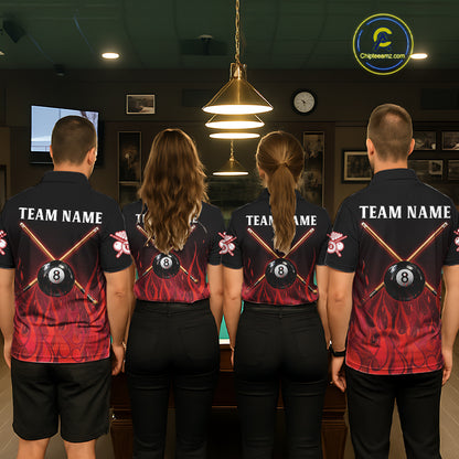 Red Flames 8 Ball Pool Team Shirts Men Billiard Polo & 1/4-Zip Custom Billiard Balls & Cue Gifts NYN2400