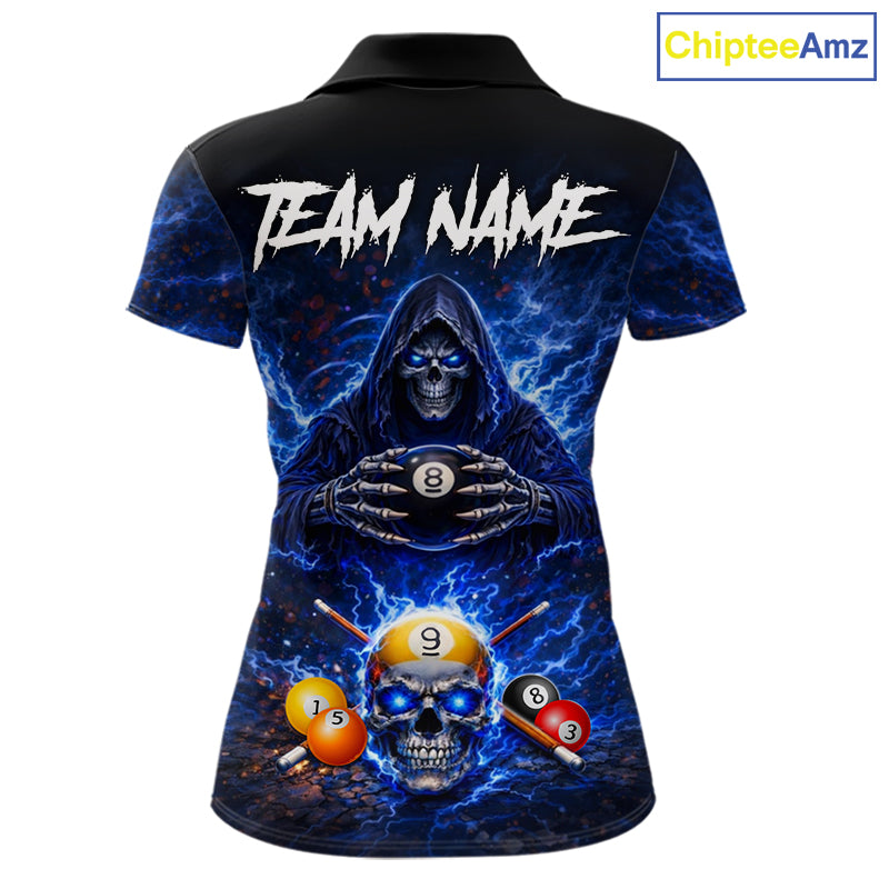 Blue Flames Grim Reaper Pool 8 Ball & 9 Ball Billiard Shirt For Women Custom Billiard Team Jerseys NYN2630