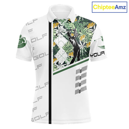 Custom Name Green Tropical Golf Mens Polo Shirt, White Golf Jerseys Best Floral Golf Gifts NYN2993